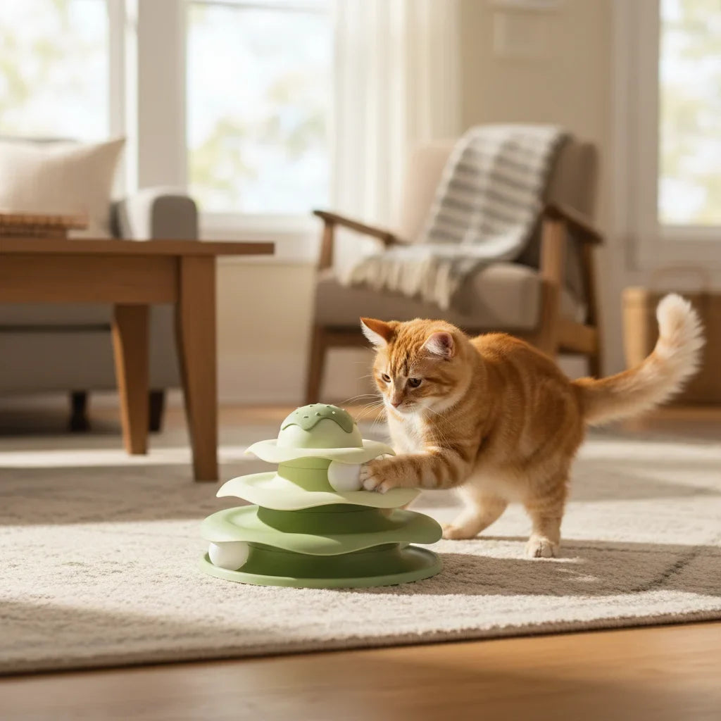 Interactive Rotating Cat Tower with Balls – BounceMate™