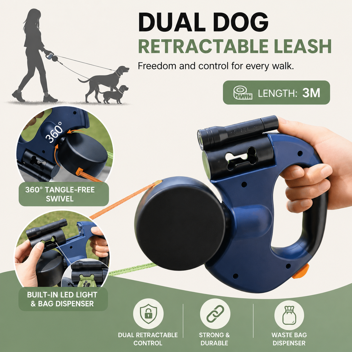 Retractable Double Dog Leash with LED – WalkFresh™