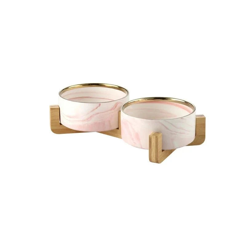 Marble Ceramic Cat Food Bowl with Wooden Stand – FeedTrail™