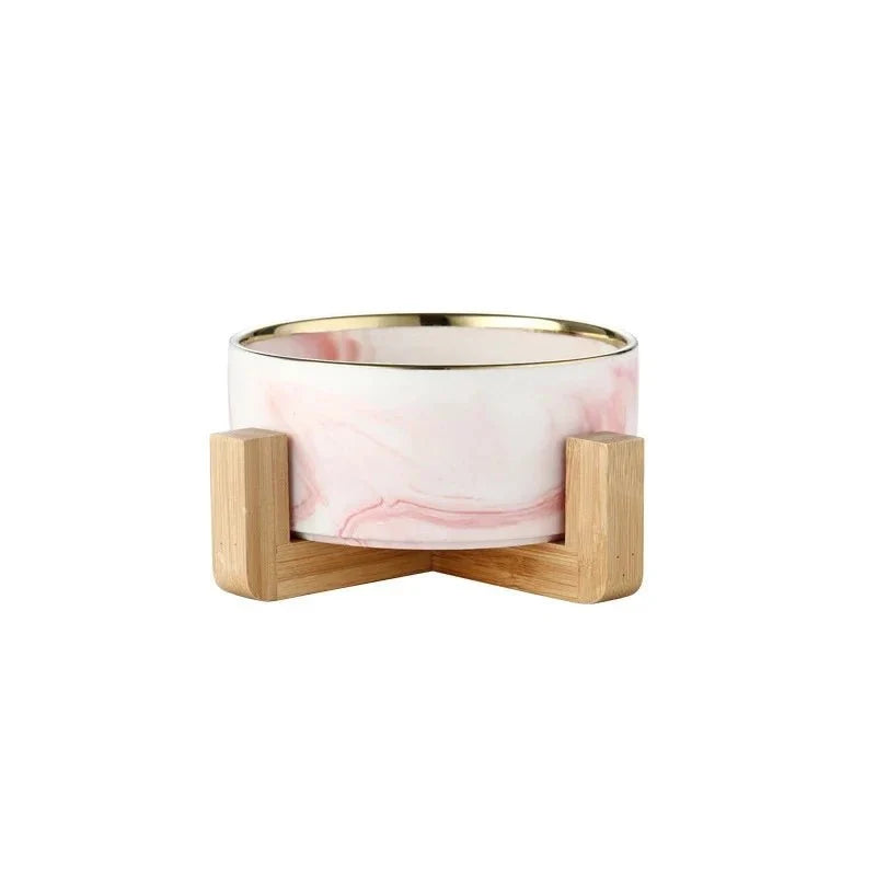 Marble Ceramic Cat Food Bowl with Wooden Stand – FeedTrail™