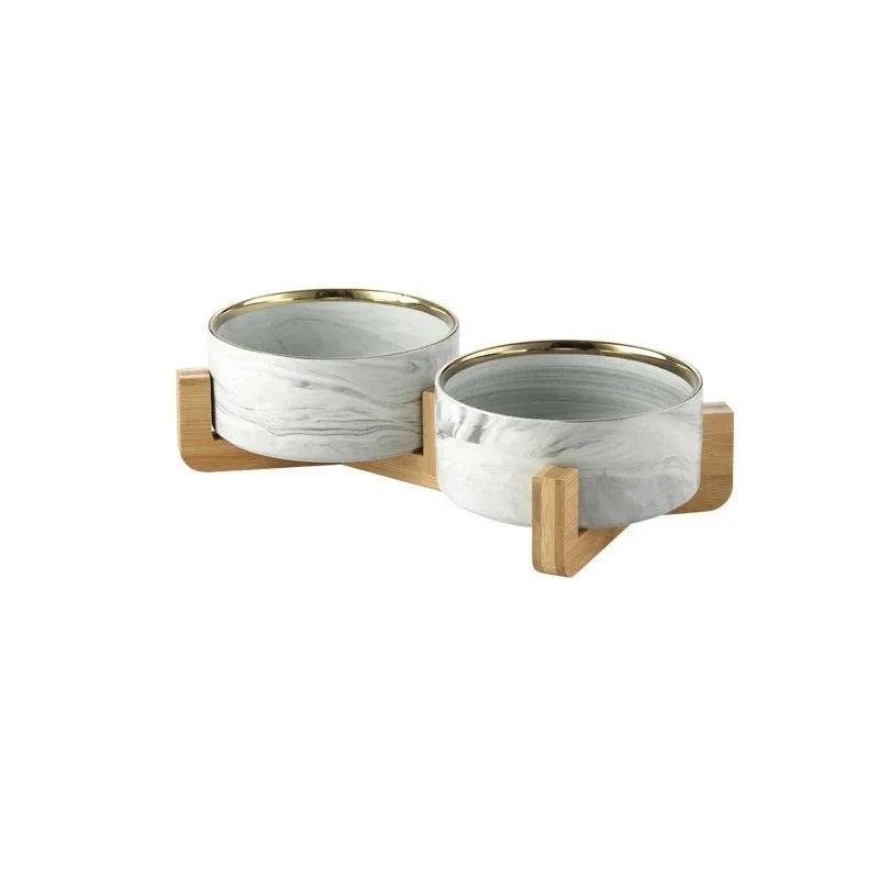 Marble Ceramic Cat Food Bowl with Wooden Stand – FeedTrail™