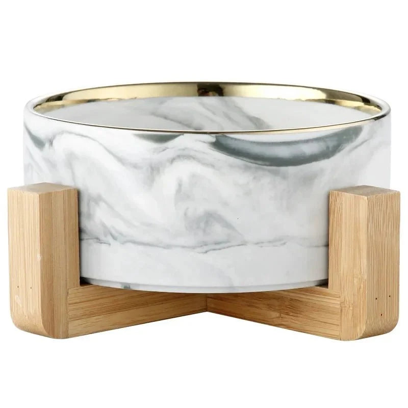 Marble Ceramic Cat Food Bowl with Wooden Stand – FeedTrail™