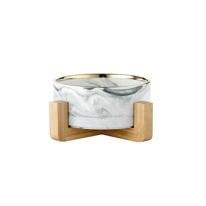 Marble Ceramic Cat Food Bowl with Wooden Stand – FeedTrail™