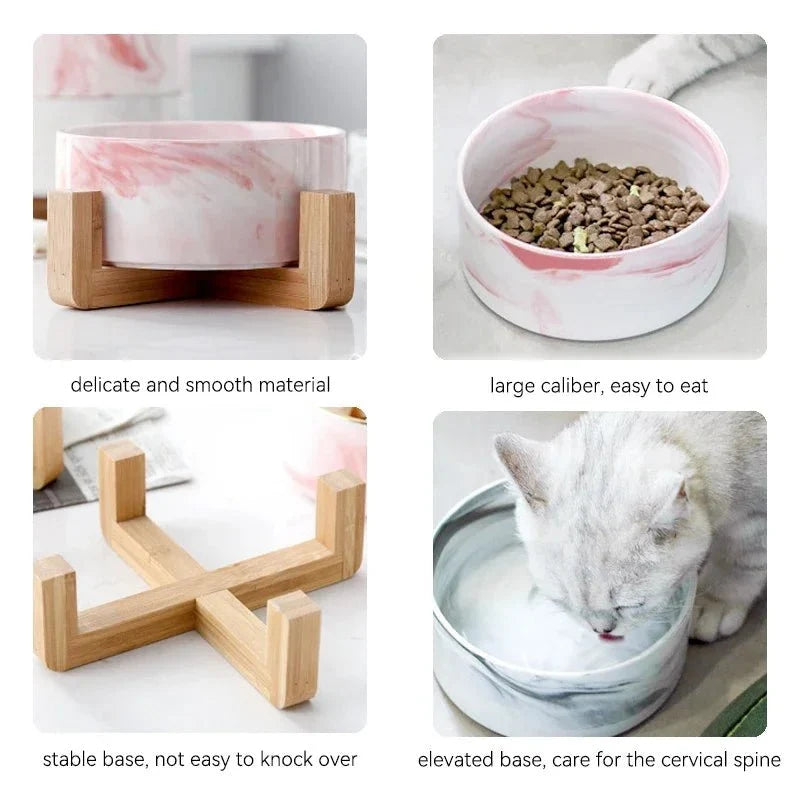 Marble Ceramic Cat Food Bowl with Wooden Stand – FeedTrail™