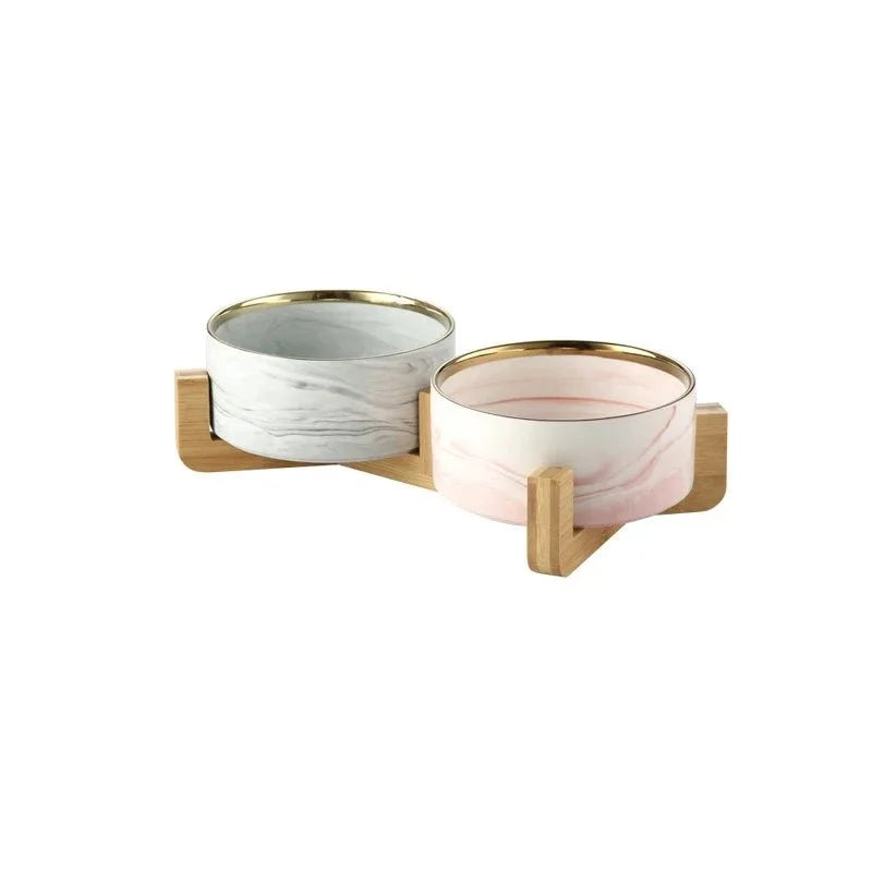 Marble Ceramic Cat Food Bowl with Wooden Stand – FeedTrail™