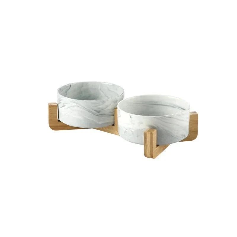Marble Ceramic Cat Food Bowl with Wooden Stand – FeedTrail™