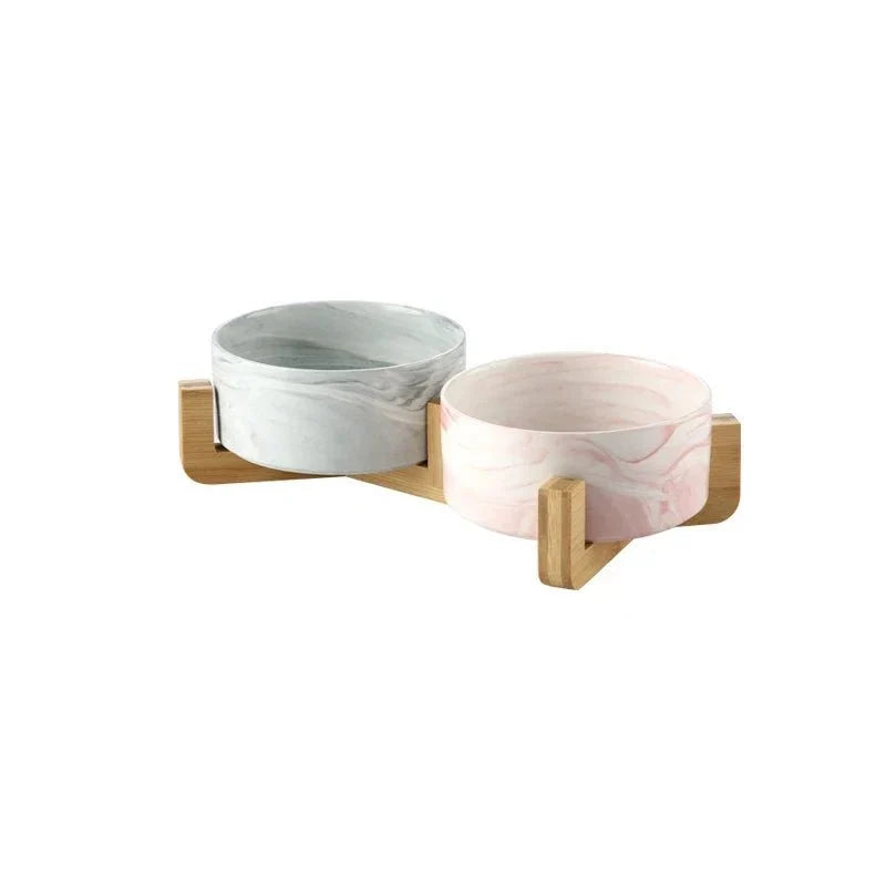 Marble Ceramic Cat Food Bowl with Wooden Stand – FeedTrail™