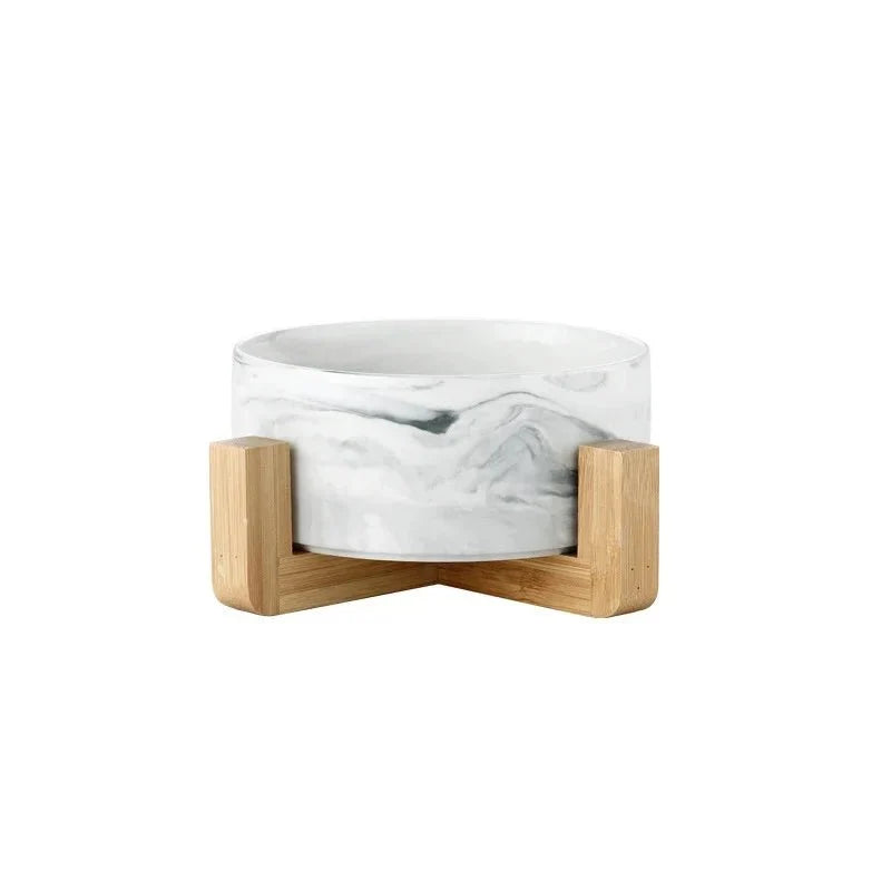 Marble Ceramic Cat Food Bowl with Wooden Stand – FeedTrail™
