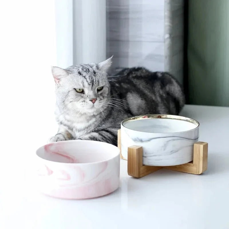 Marble Ceramic Cat Food Bowl with Wooden Stand – FeedTrail™
