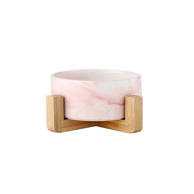 Marble Ceramic Cat Food Bowl with Wooden Stand – FeedTrail™