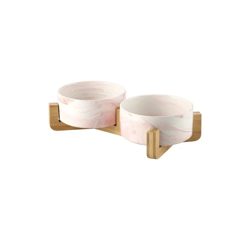 Marble Ceramic Cat Food Bowl with Wooden Stand – FeedTrail™