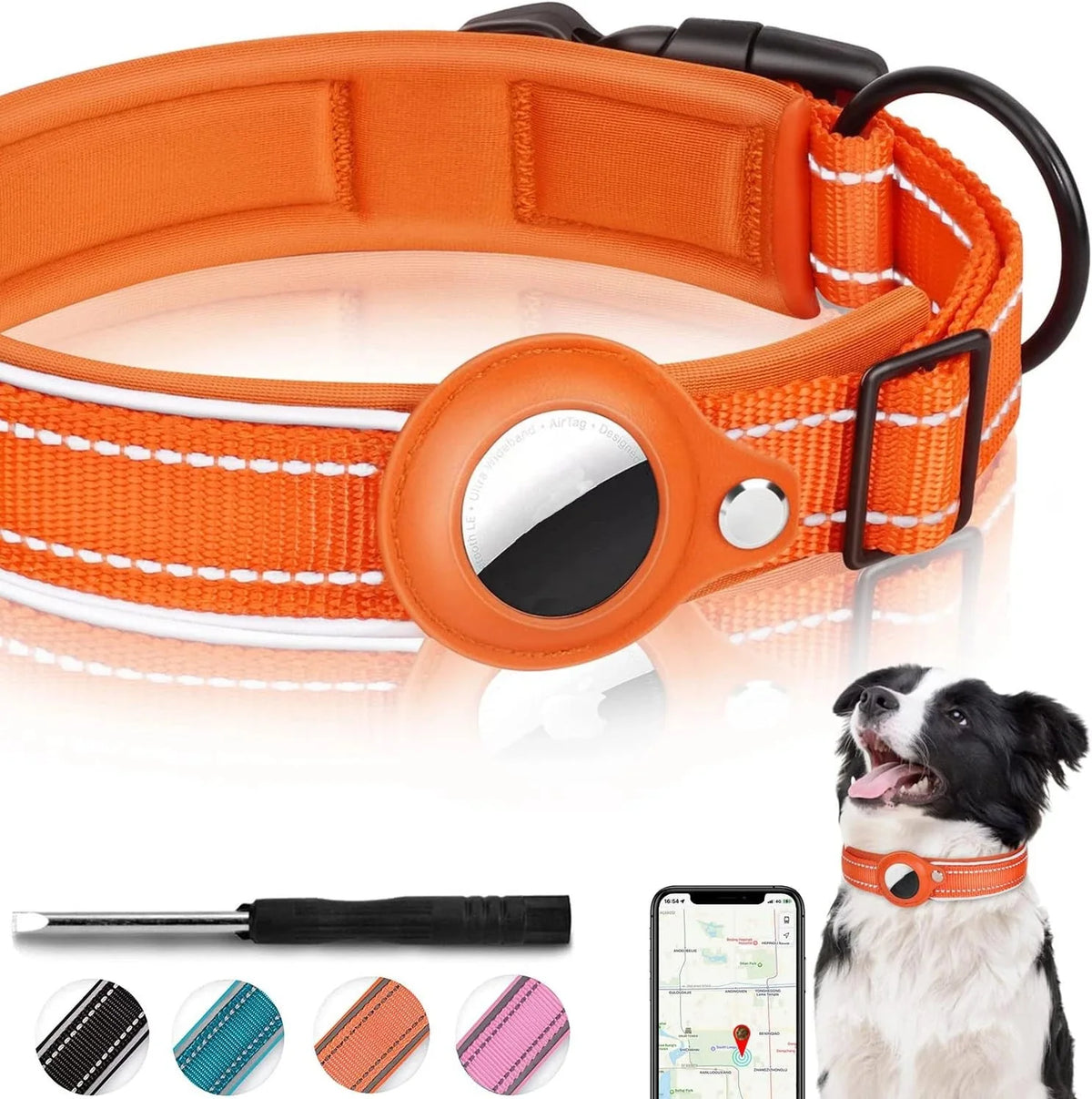 Reflective Dog Collar with AirTag Holder – RouteEase™