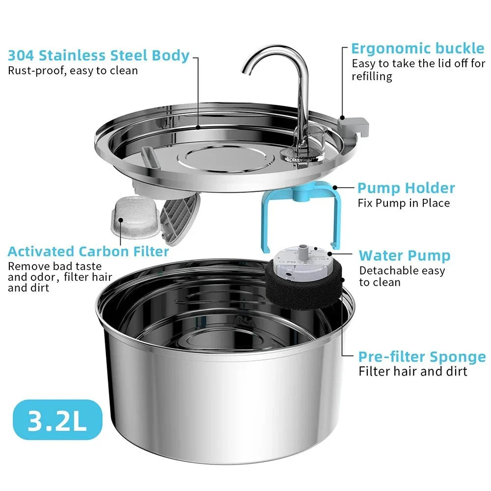 Stainless Steel Automatic Pet Water Fountain – HydraFit™